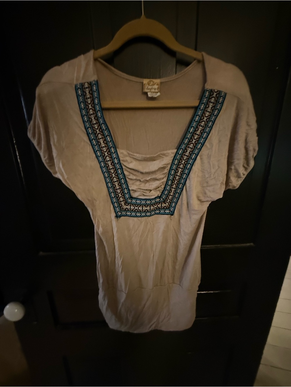 Daytrip Taupe Short Sleeve Tunic with Teal Embroidered V‑Neck